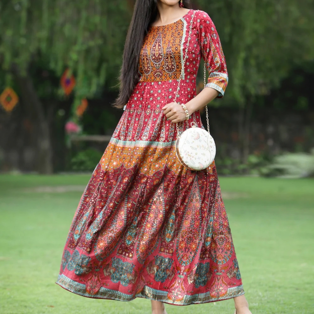 NWT Juniper Maroon Ethnic Motif Printed Dull Satin Anarkali Dress W/Buttons, Med